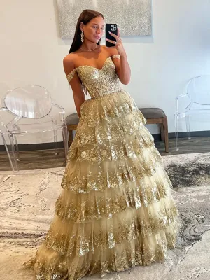 Gold Sweetheart Neck Tulle Sequin Long Prom Dress, Gold Long Evening Dress