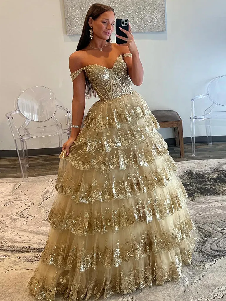 Gold Sweetheart Neck Tulle Sequin Long Prom Dress, Gold Long Evening Dress
