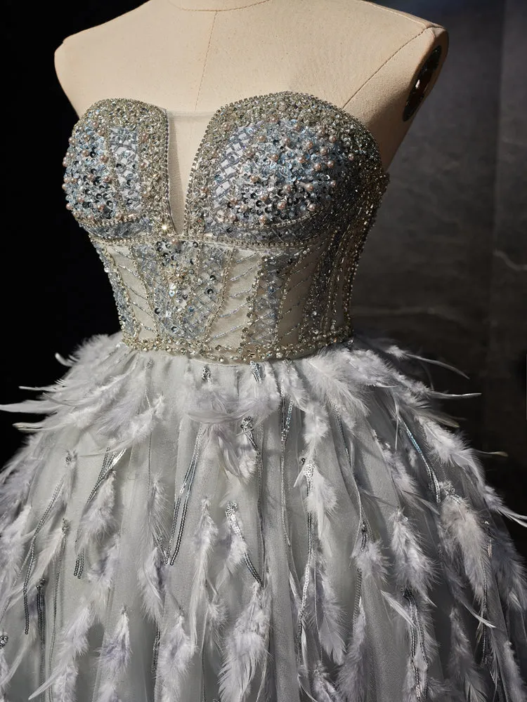 Gorgeous Grey Strapless Beading Homecoming Dresses with Feathers