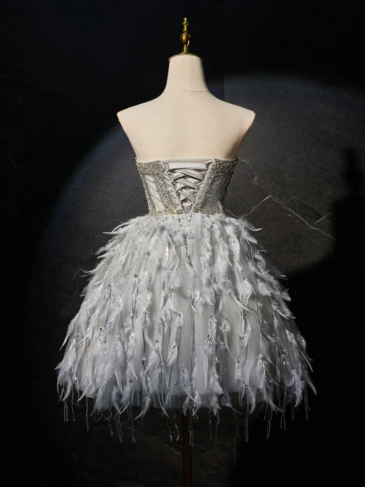 Gorgeous Grey Strapless Beading Homecoming Dresses with Feathers