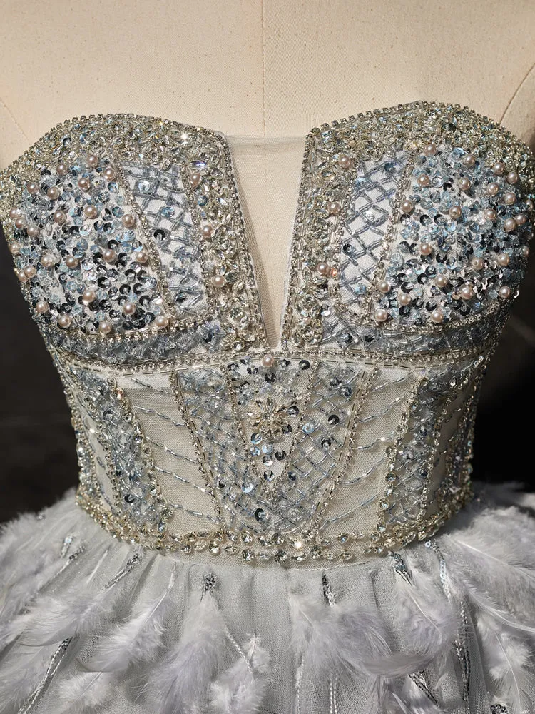 Gorgeous Grey Strapless Beading Homecoming Dresses with Feathers