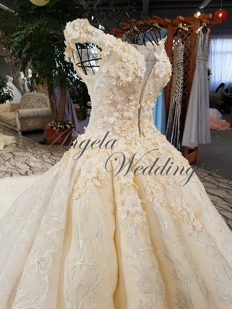 Gorgeous Ivory Ball Gown Wedding Dresses with Flowers Cathedral Train