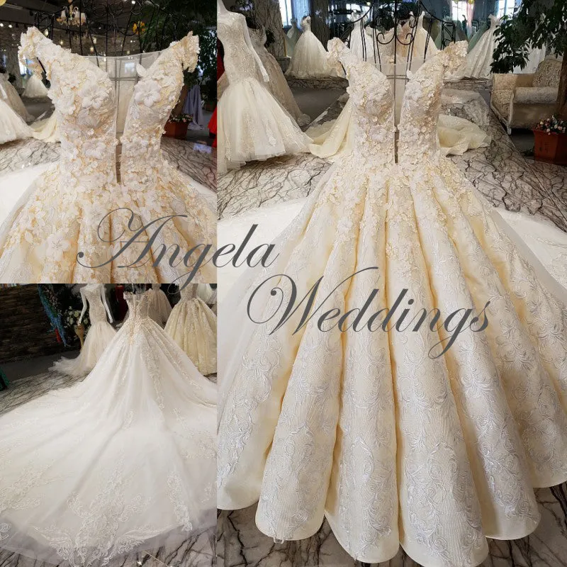 Gorgeous Ivory Ball Gown Wedding Dresses with Flowers Cathedral Train