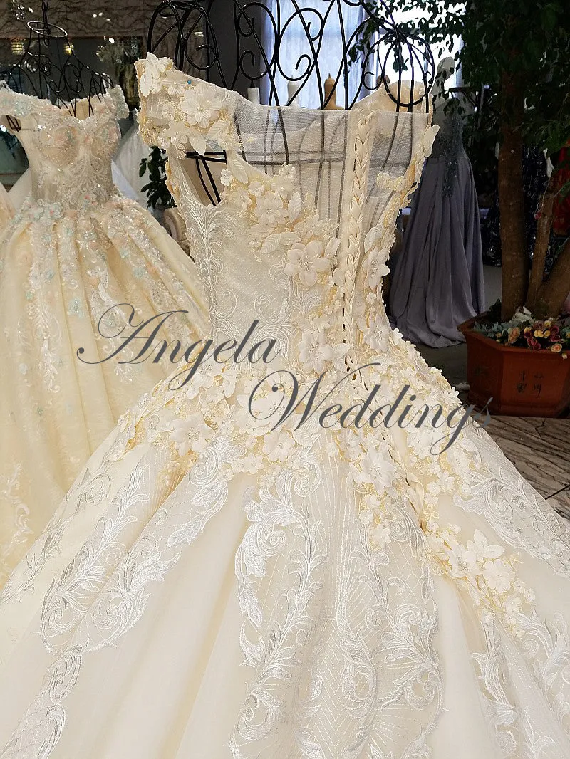 Gorgeous Ivory Ball Gown Wedding Dresses with Flowers Cathedral Train