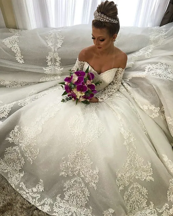 Gorgeous Lace Wedding Dress Full Sleeve Appliques Special Off The Shoulder Bridal Gown