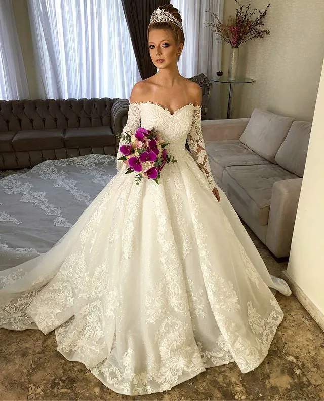 Gorgeous Lace Wedding Dress Full Sleeve Appliques Special Off The Shoulder Bridal Gown