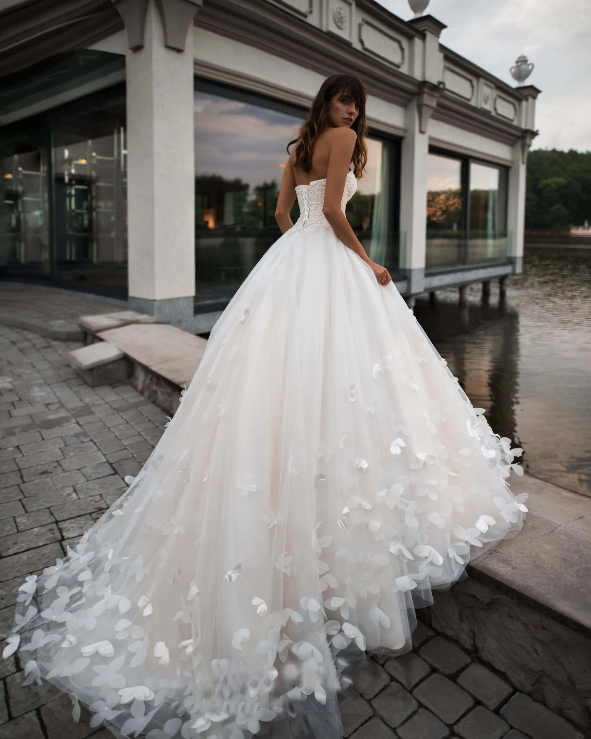 Gorgeous Lace Wedding Dresses Strapless Sexy Ball Gowns Tulle Skirt Bridal Dress with Butterfly