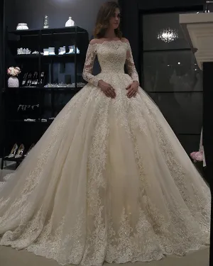 Gorgeous Lace Wedding Dresses with Appliques 2019 Puffy Tulle Bridal Dress Ball Gown Full Sleeve