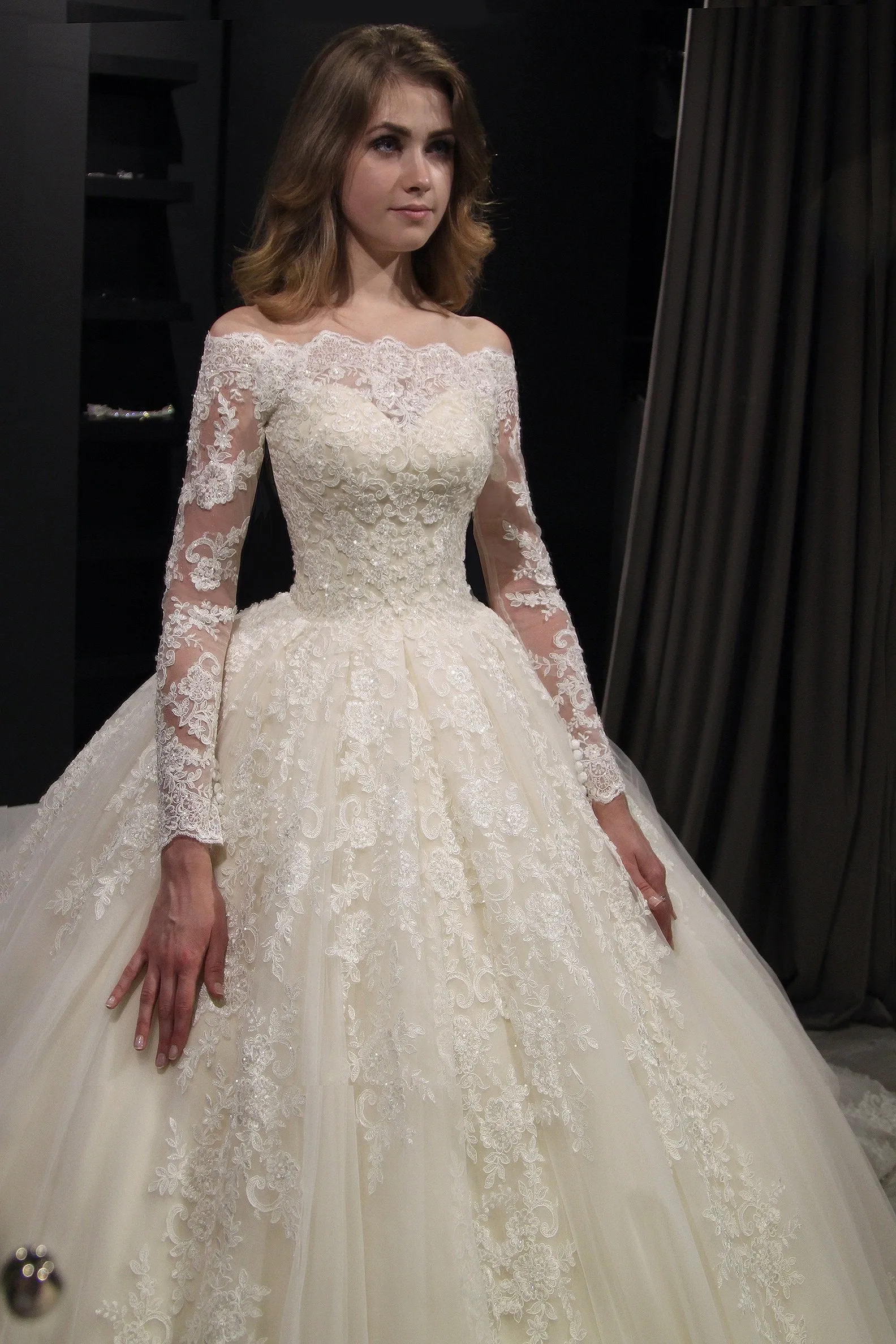 Gorgeous Lace Wedding Dresses with Appliques 2019 Puffy Tulle Bridal Dress Ball Gown Full Sleeve