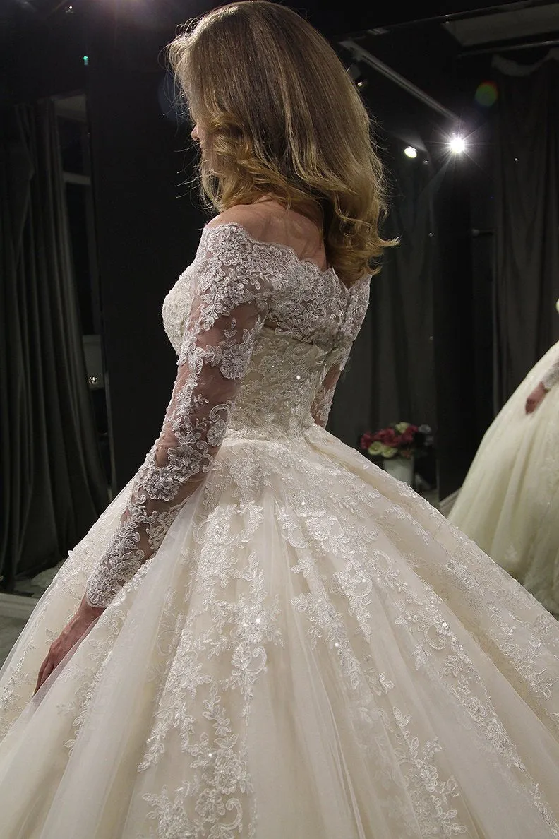 Gorgeous Lace Wedding Dresses with Appliques 2019 Puffy Tulle Bridal Dress Ball Gown Full Sleeve