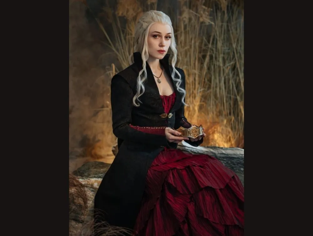 Gothic dragon style dress made of crushed taffeta with jacquard jacket