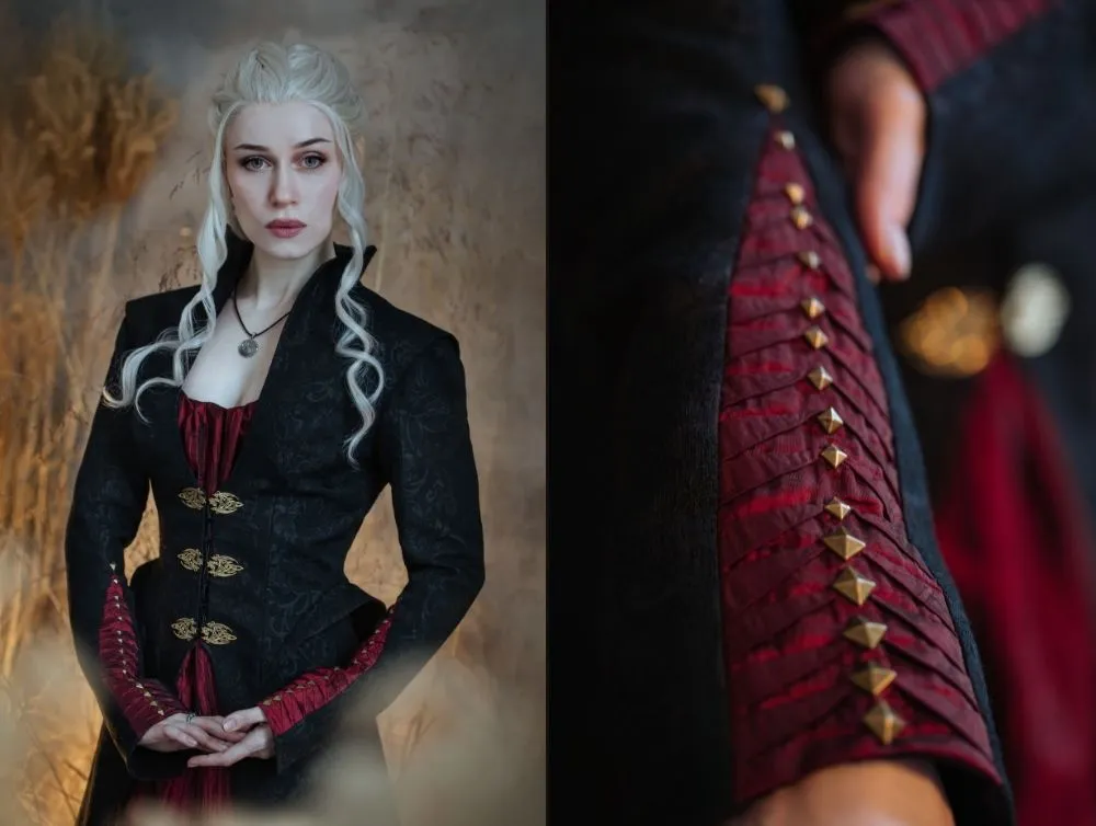 Gothic dragon style dress made of crushed taffeta with jacquard jacket