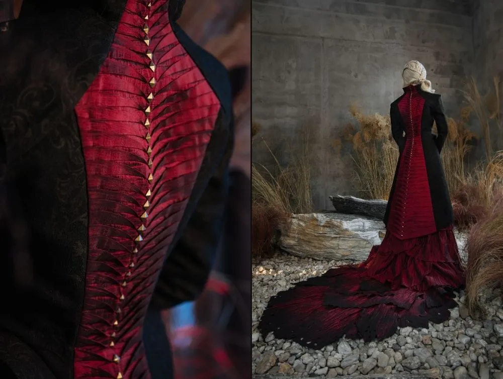 Gothic dragon style dress made of crushed taffeta with jacquard jacket
