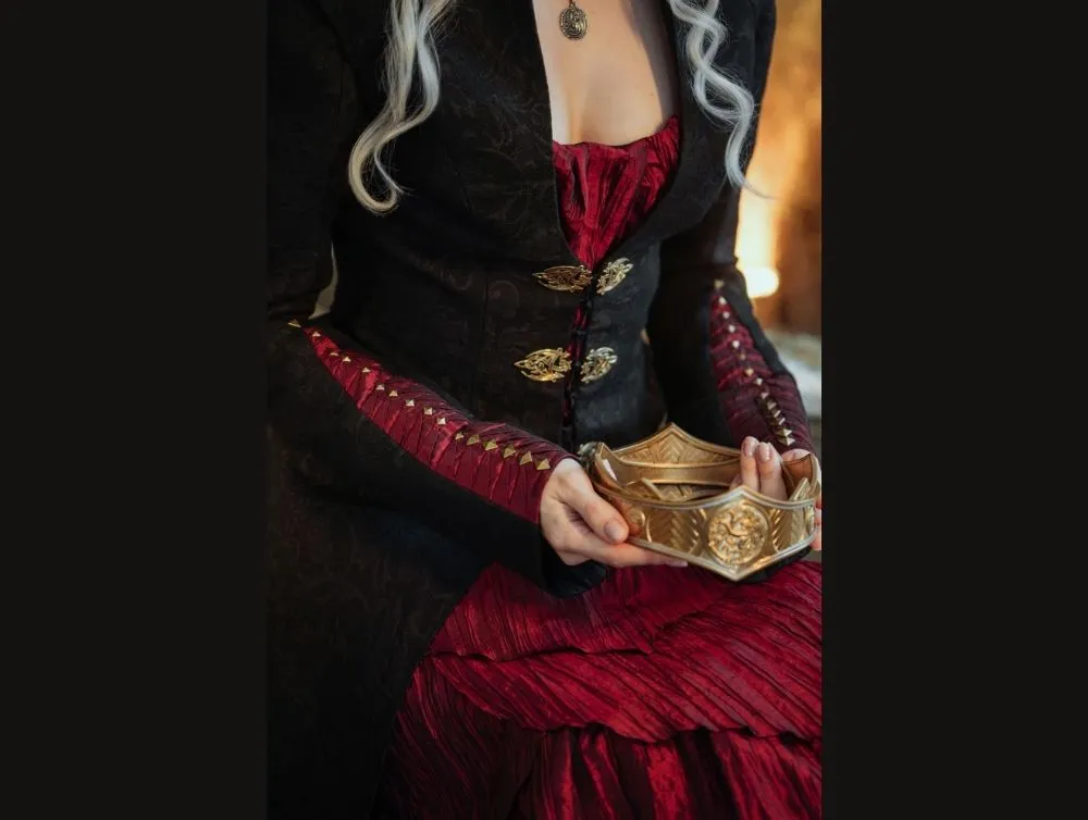 Gothic dragon style dress made of crushed taffeta with jacquard jacket