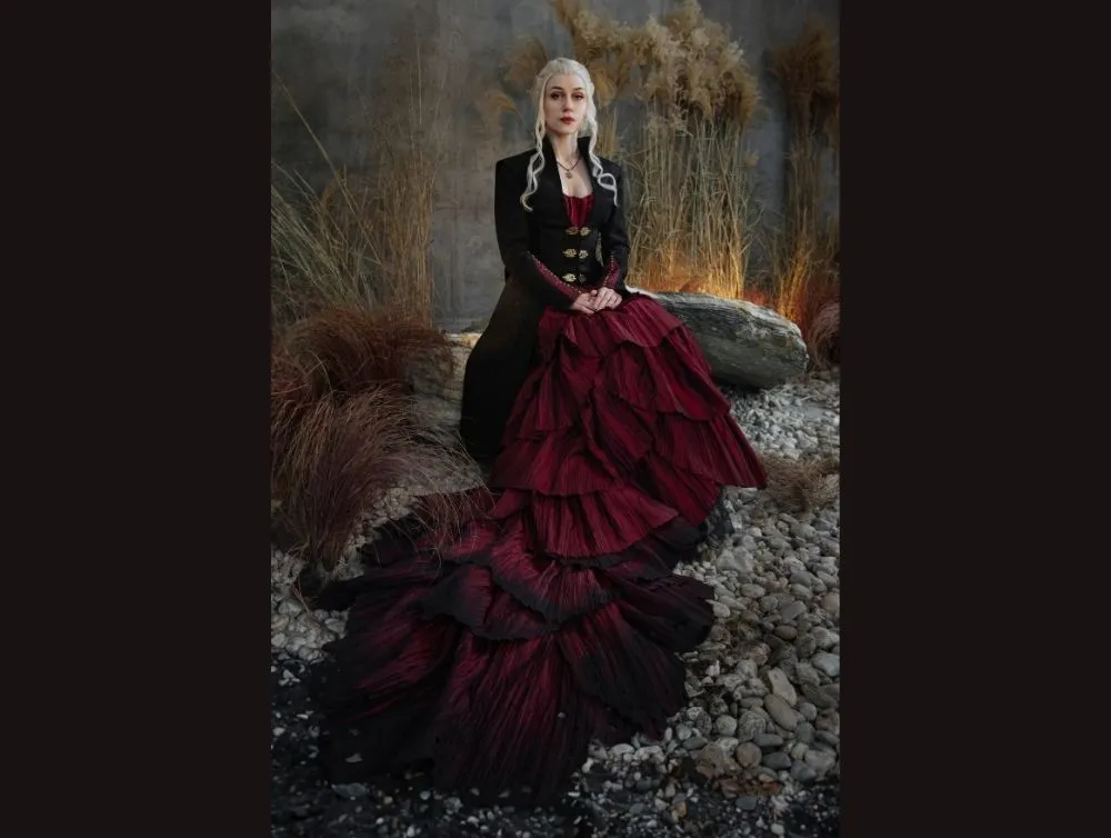 Gothic dragon style dress made of crushed taffeta with jacquard jacket