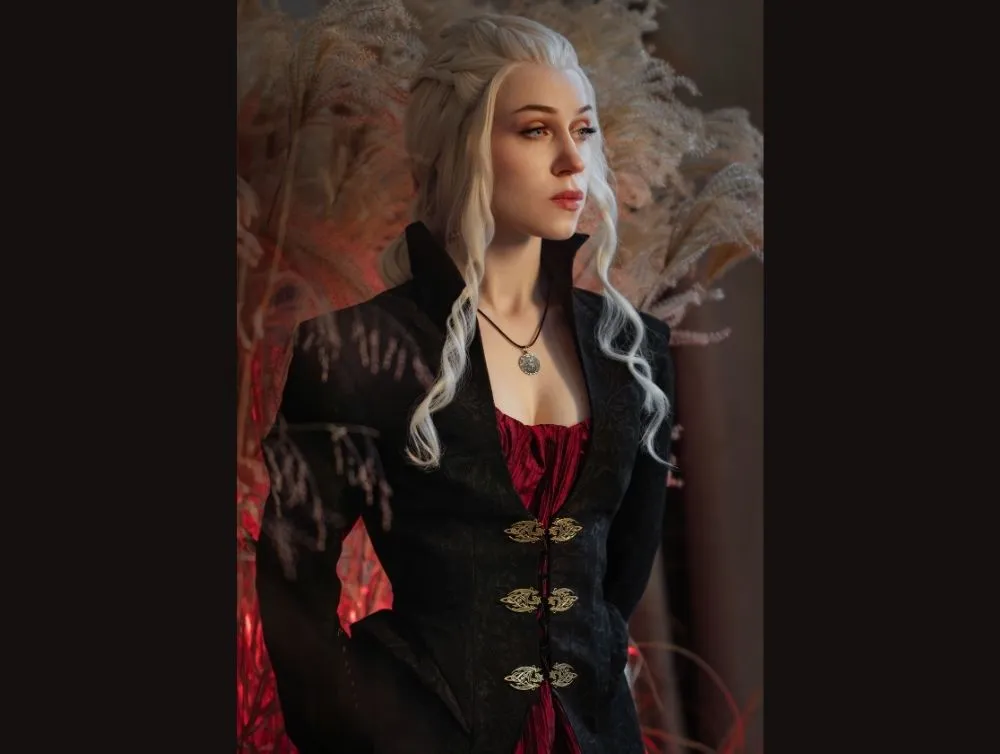 Gothic dragon style dress made of crushed taffeta with jacquard jacket