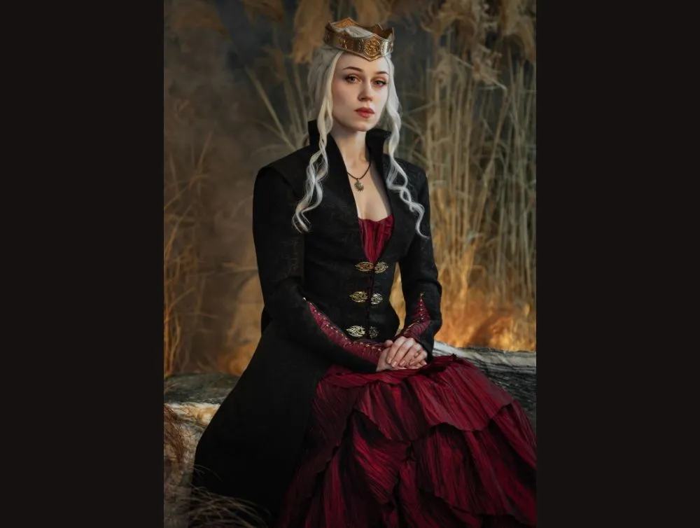 Gothic dragon style dress made of crushed taffeta with jacquard jacket