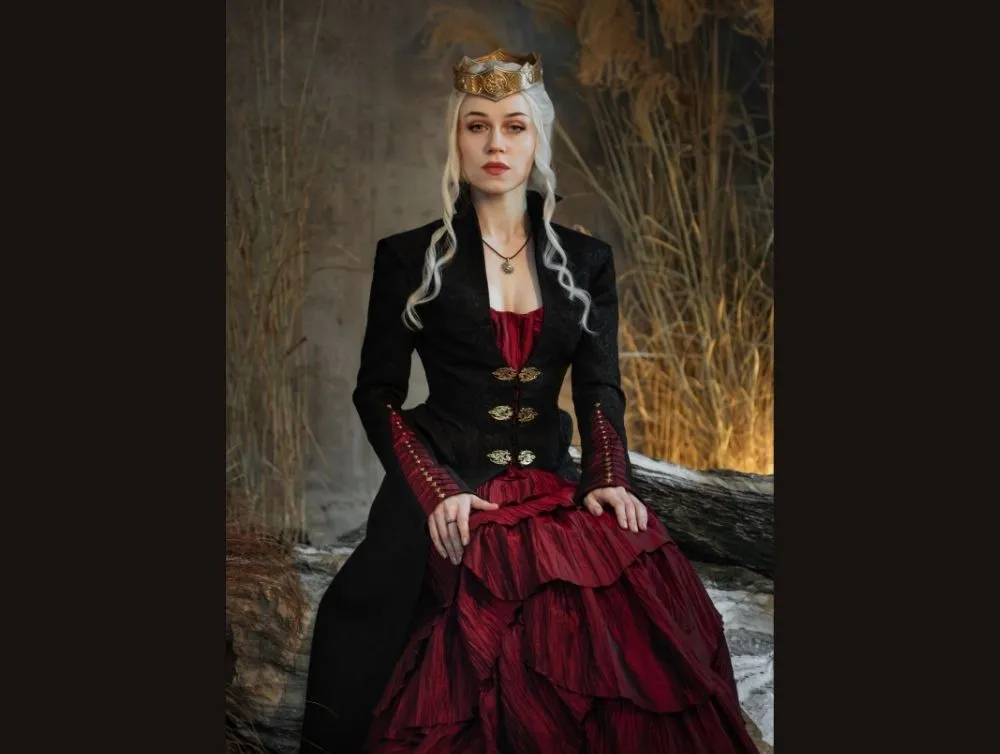 Gothic dragon style dress made of crushed taffeta with jacquard jacket
