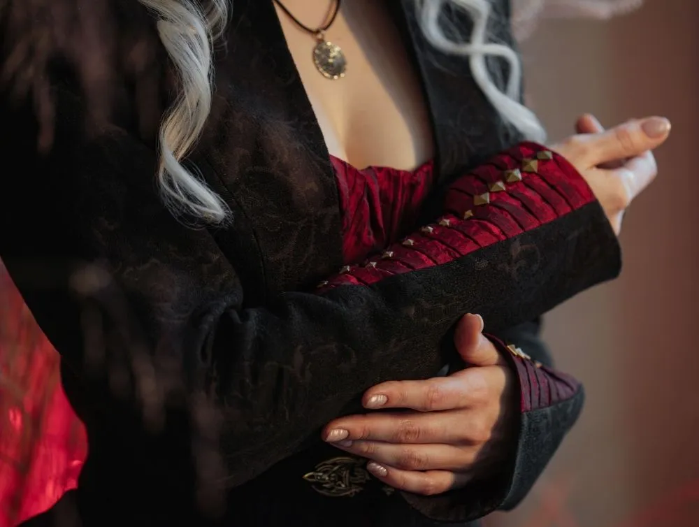Gothic dragon style dress made of crushed taffeta with jacquard jacket