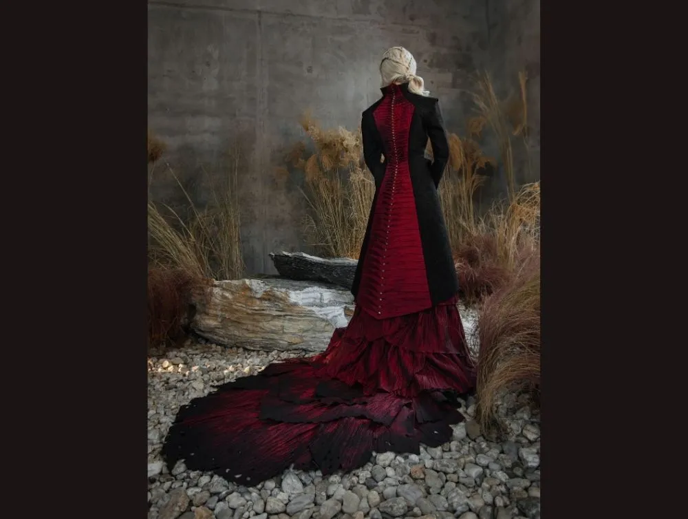 Gothic dragon style dress made of crushed taffeta with jacquard jacket