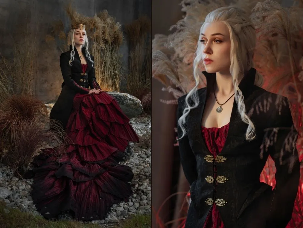 Gothic dragon style dress made of crushed taffeta with jacquard jacket