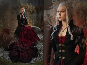 Gothic dragon style dress made of crushed taffeta with jacquard jacket