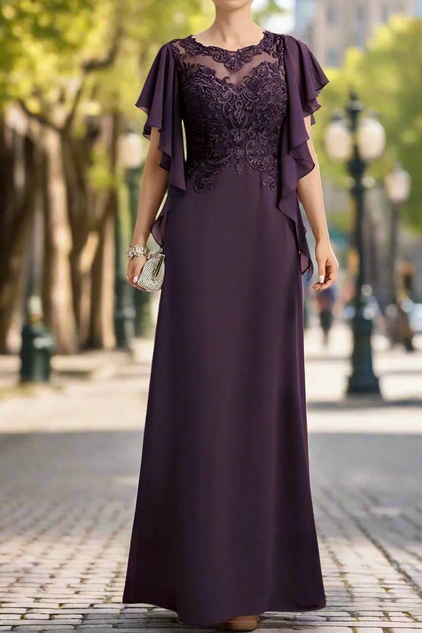 Grape Chiffon Mother of The Bride Dresses with Lace Appliques