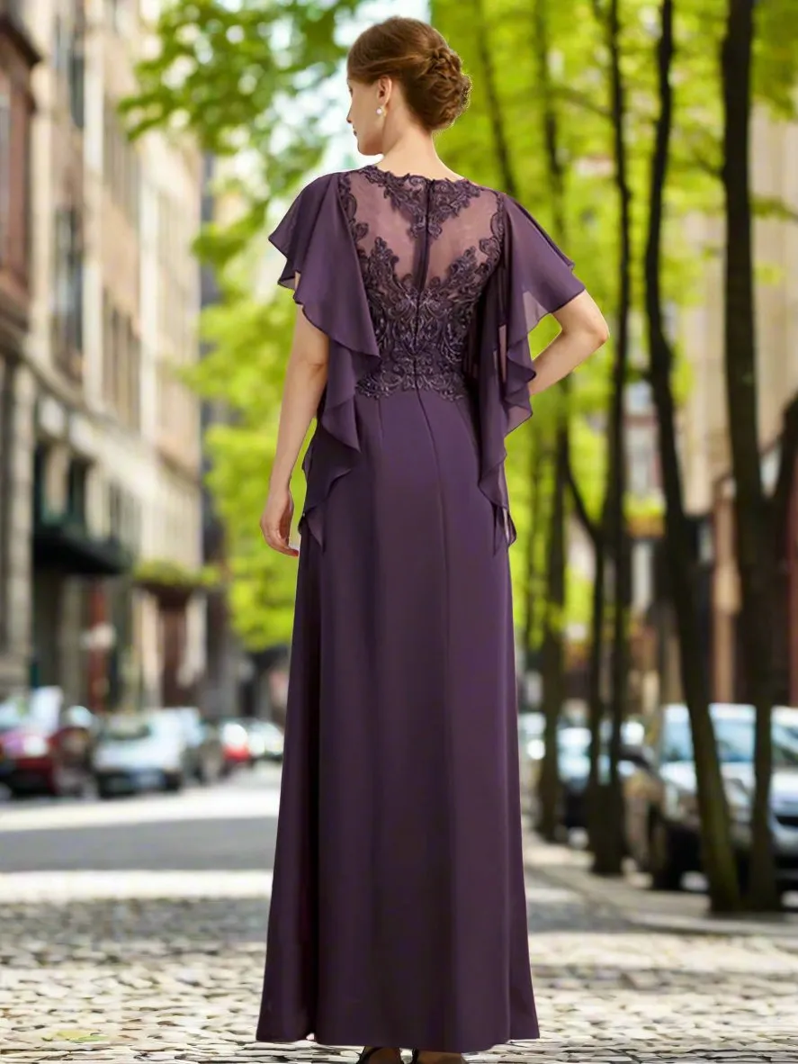 Grape Chiffon Mother of The Bride Dresses with Lace Appliques