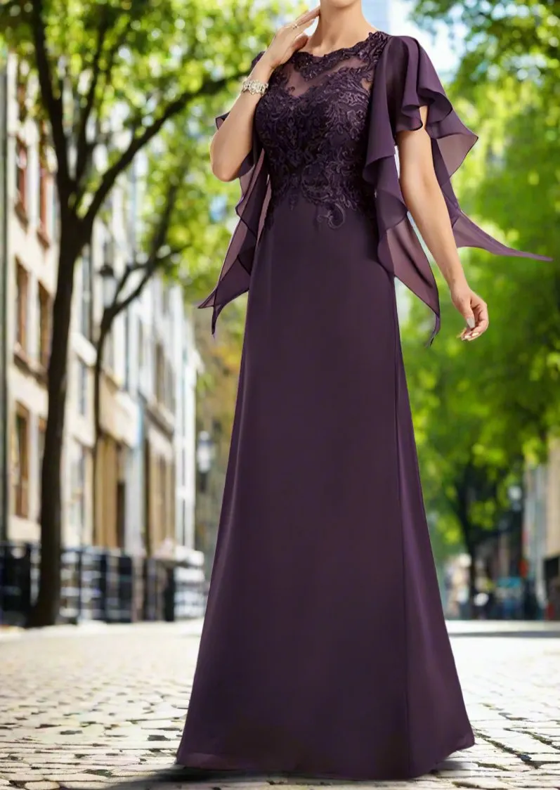 Grape Chiffon Mother of The Bride Dresses with Lace Appliques