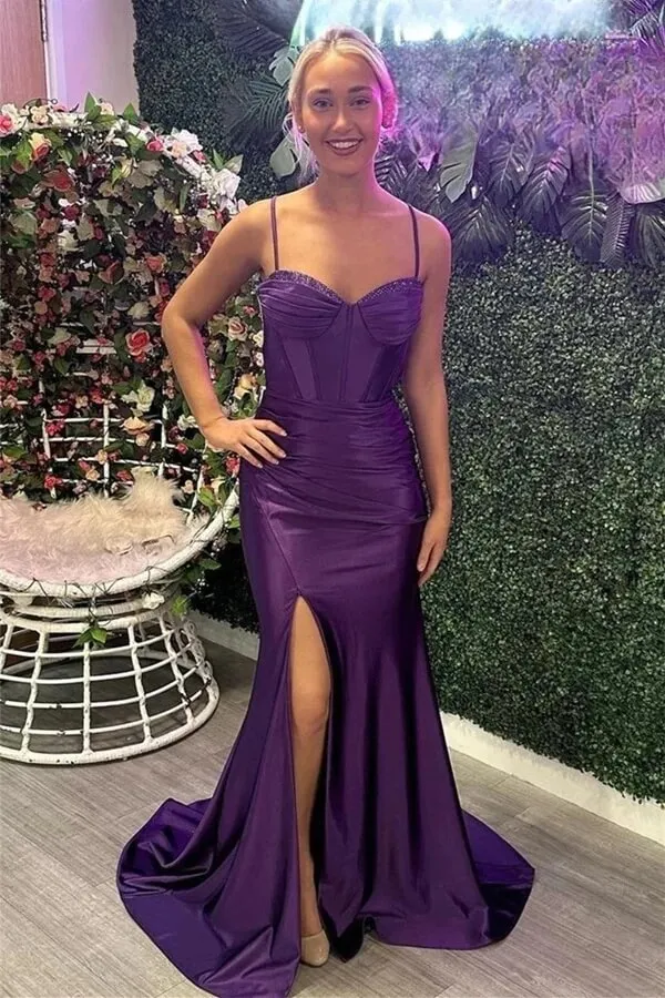 Grape Satin Mermaid Spaghetti Straps Beaded Long Prom Dresses With Slit, MP906