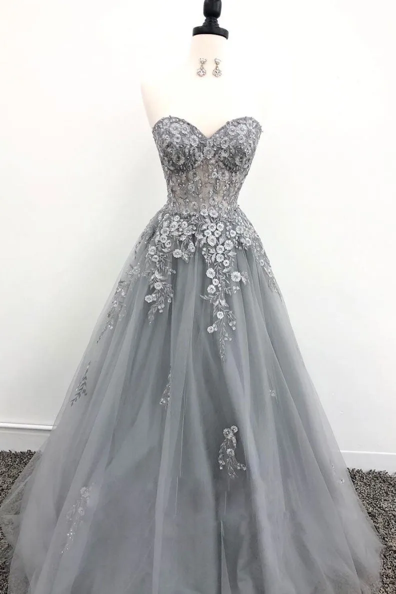 Gray tulle lace long prom dress, gray evening dress