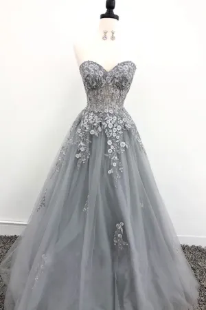 Gray tulle lace long prom dress, gray evening dress