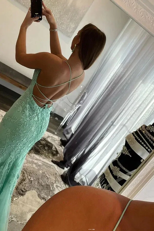 Green Mermaid Tulle Long Prom Dresses With Lace Appliques, Party Dress, SP919