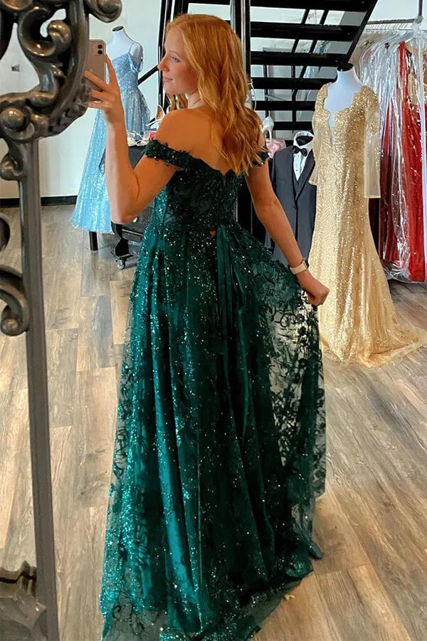 Green Tulle A-line Off Shoulder Lace Appliques Prom Dresses With Slit, MP735