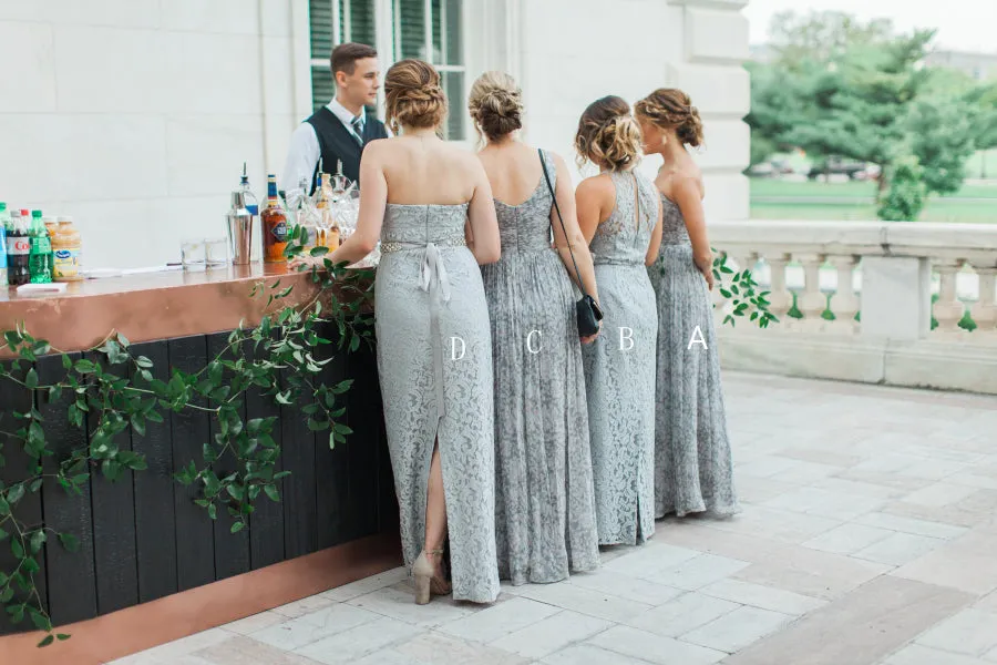 Grey Mismatched Sleeveless Chiffon Lace Elegant Long Bridesmaid Dresses , AB1218