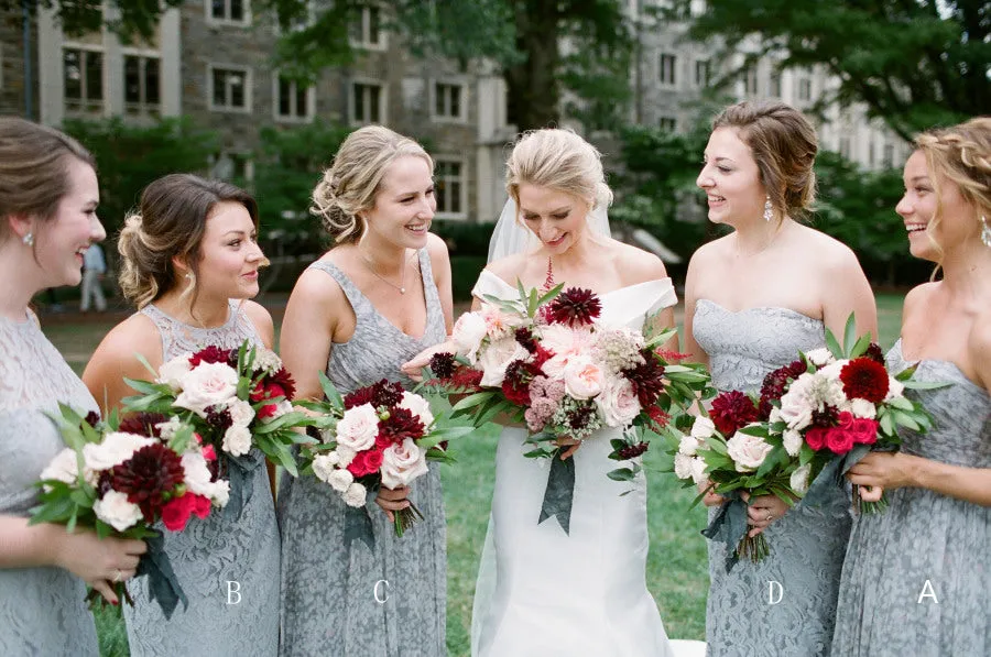 Grey Mismatched Sleeveless Chiffon Lace Elegant Long Bridesmaid Dresses , AB1218