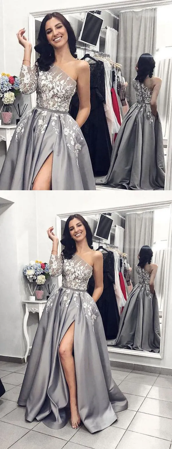 Grey Satin One Shoulder Applique Long Sleeve Prom Dresses  ,PD00144