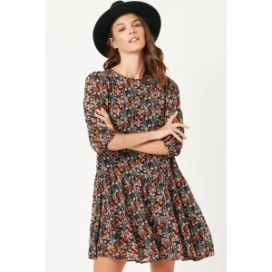 Hayden Girls Black Drop Waist Long Sleeve Botanical Print Chiffon Dress