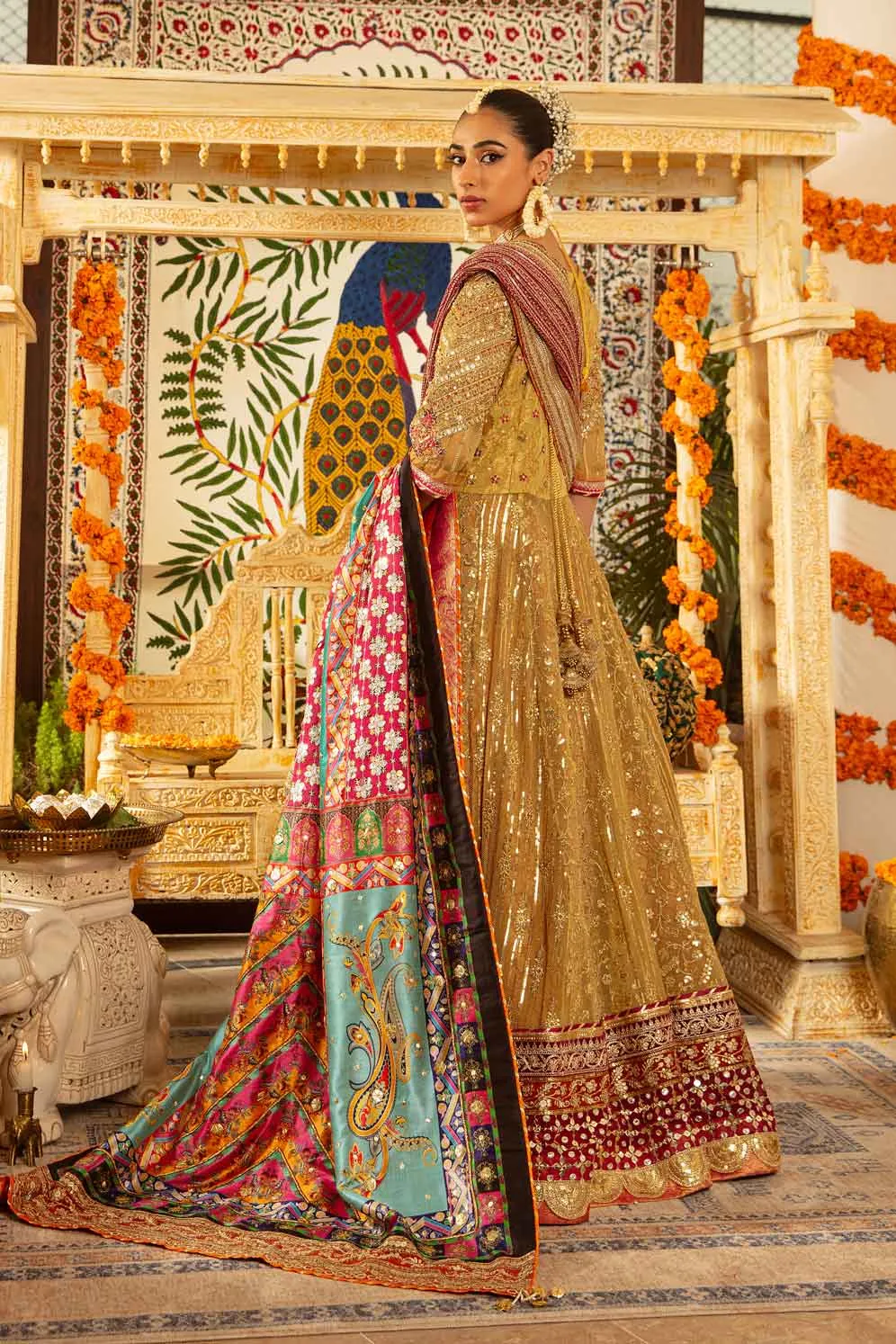 Heavily Embellished Golden Pakistani Wedding Dress Pishwas Frock