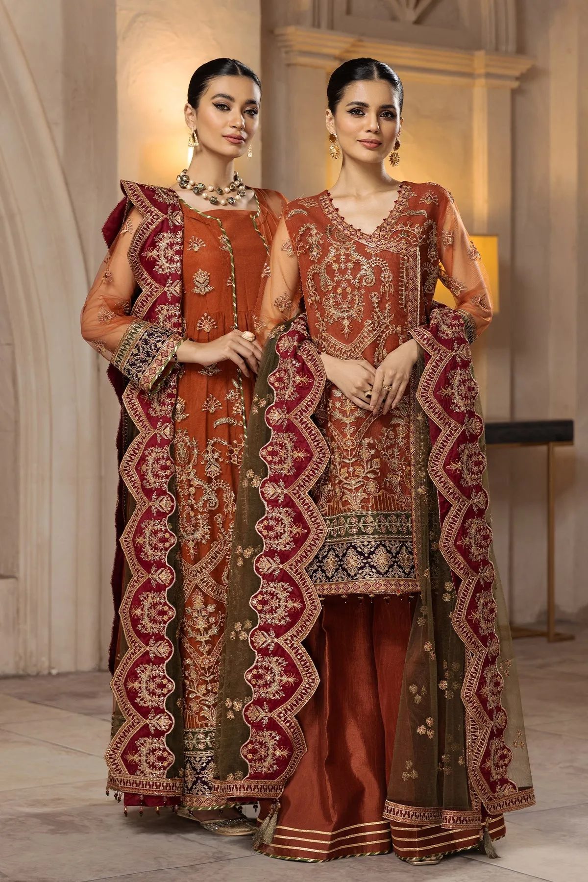 Heavily Embellished Pakistani Caramel Gown Sharara Wedding Dress