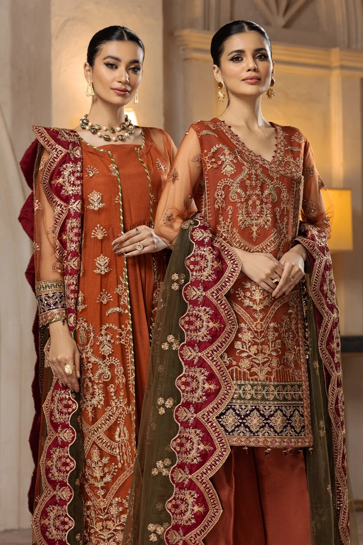 Heavily Embellished Pakistani Caramel Gown Sharara Wedding Dress