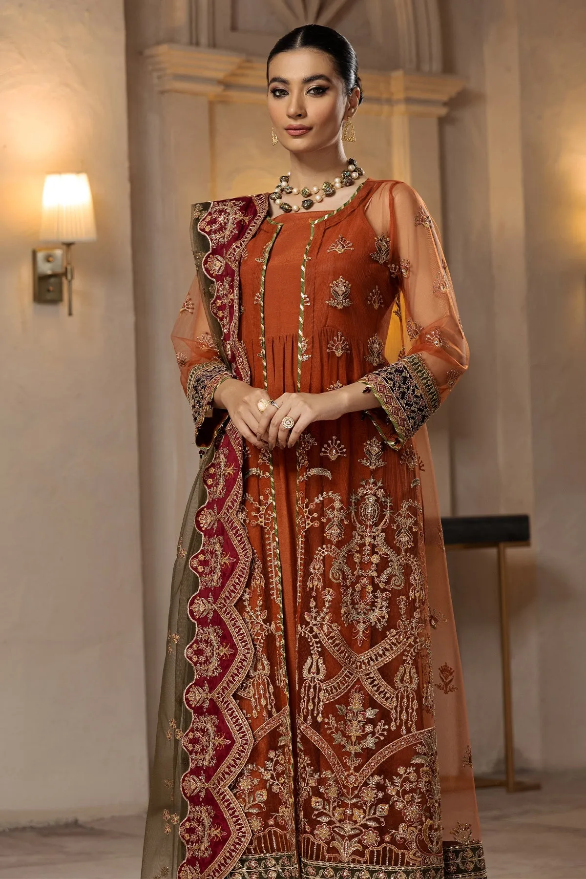 Heavily Embellished Pakistani Caramel Gown Sharara Wedding Dress