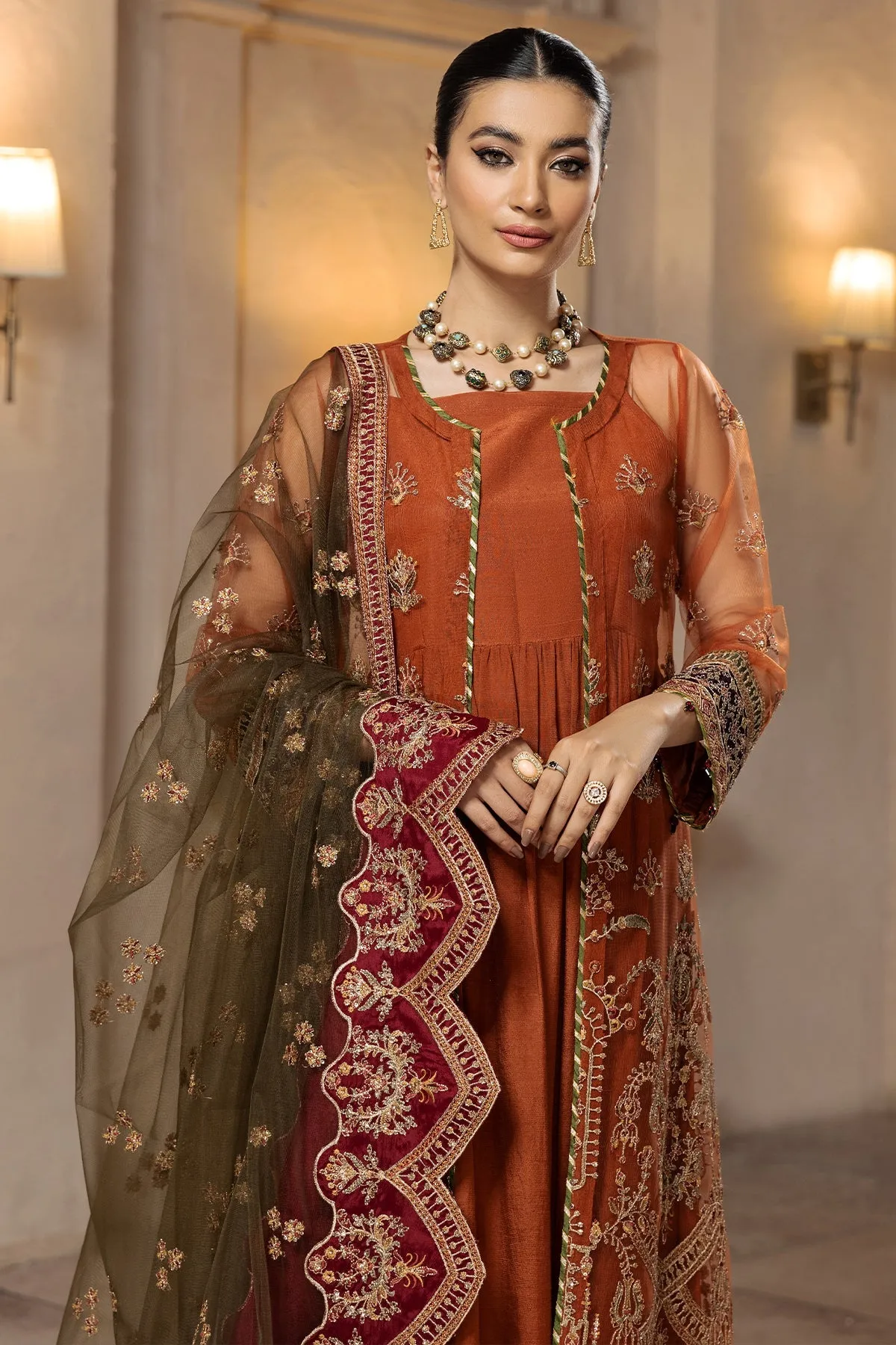 Heavily Embellished Pakistani Caramel Gown Sharara Wedding Dress