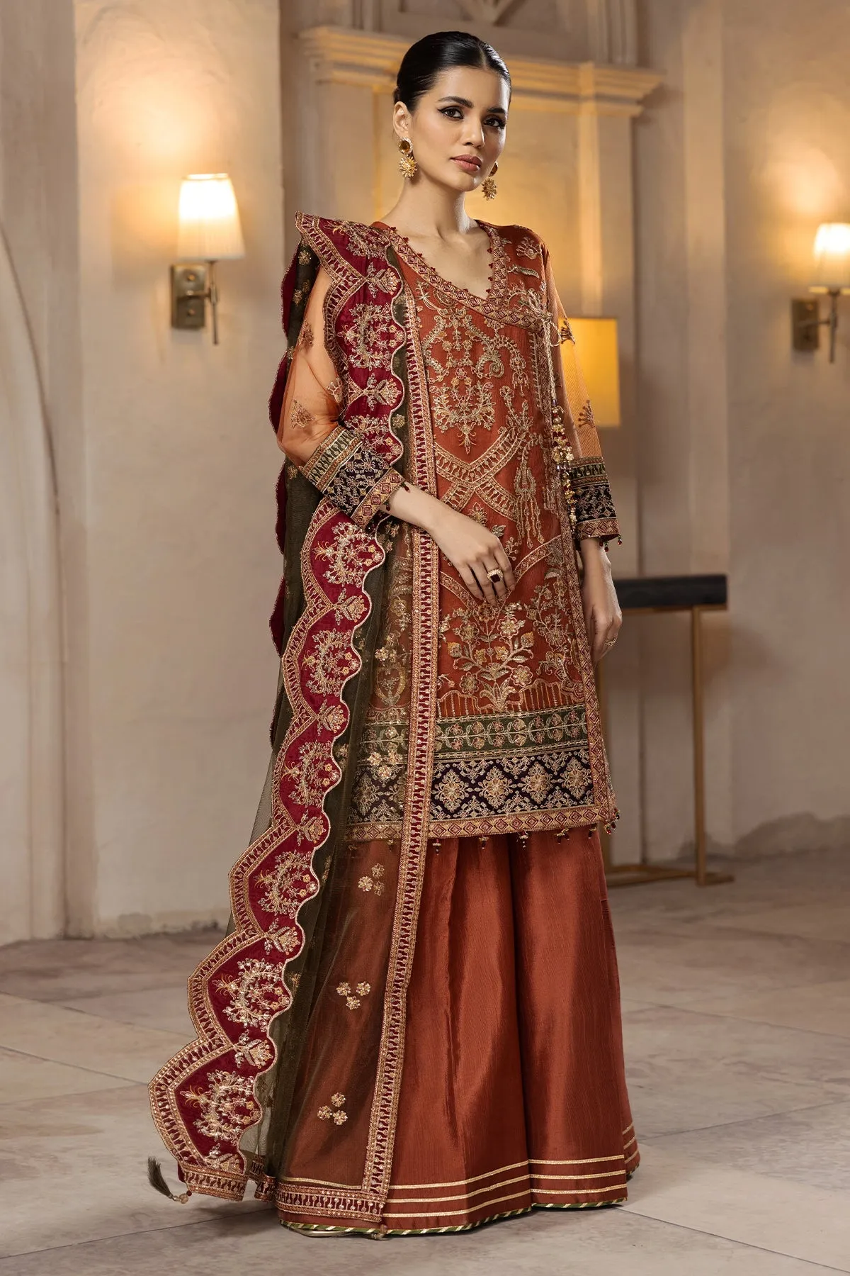 Heavily Embellished Pakistani Caramel Gown Sharara Wedding Dress