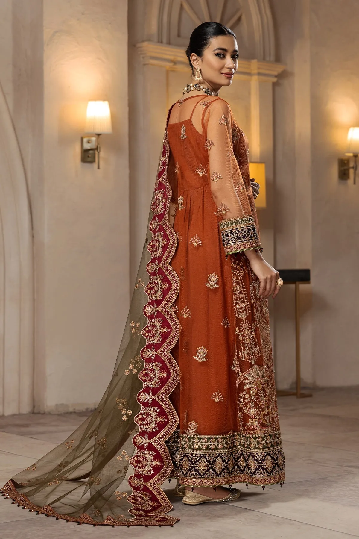 Heavily Embellished Pakistani Caramel Gown Sharara Wedding Dress