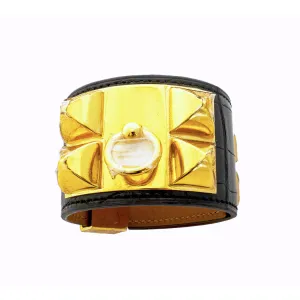 Hermes Black Matte Crocodile Croc Collier de Chien CDC Leather Cuff Bracelet Gold