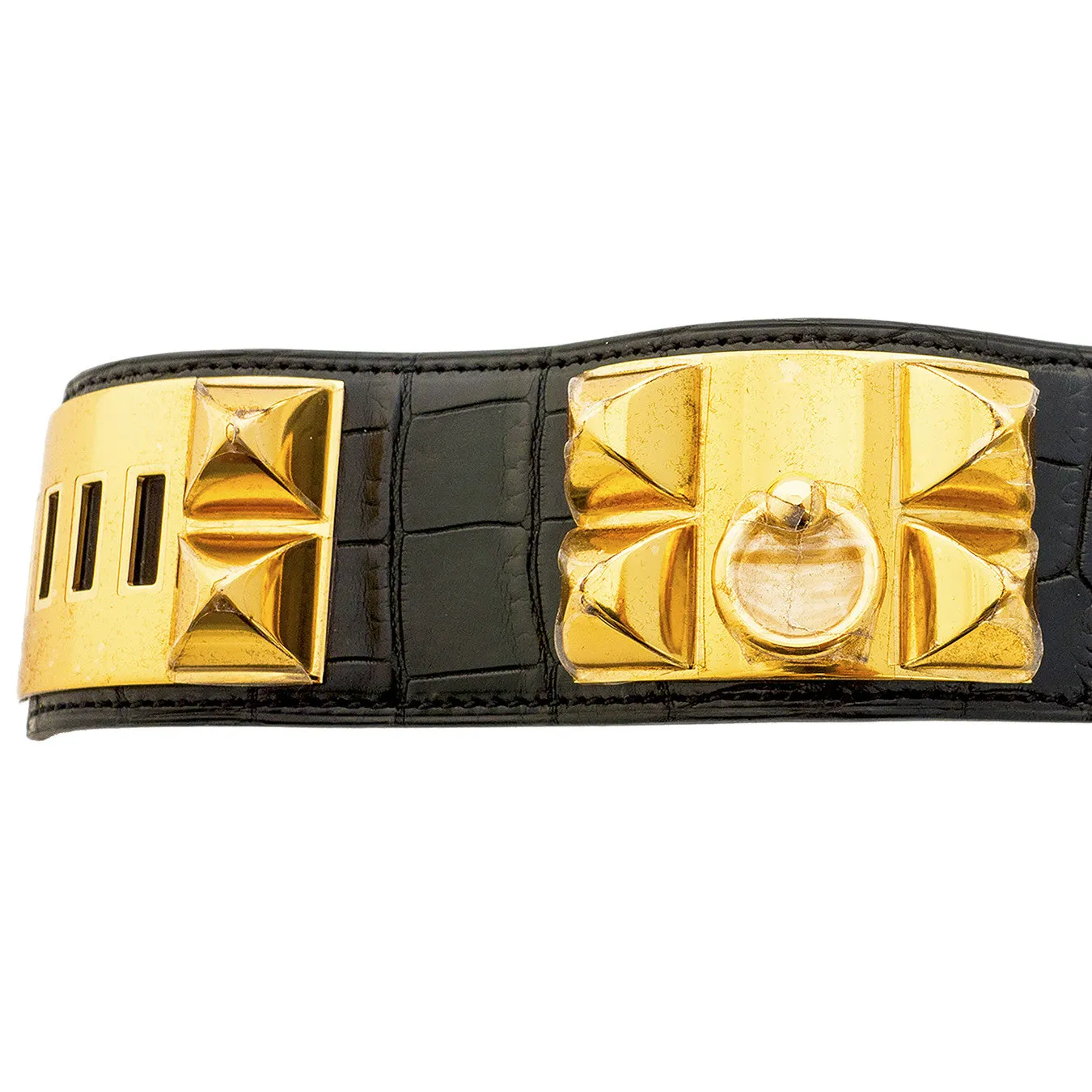 Hermes Black Matte Crocodile Croc Collier de Chien CDC Leather Cuff Bracelet Gold
