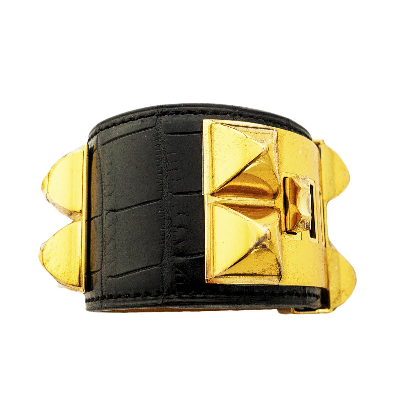Hermes Black Matte Crocodile Croc Collier de Chien CDC Leather Cuff Bracelet Gold