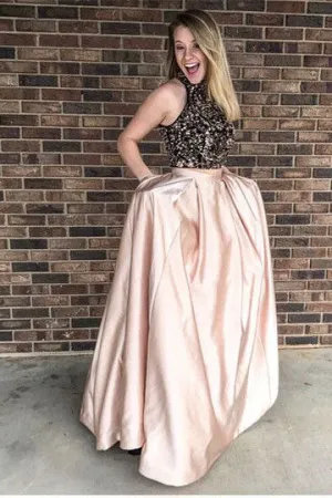 High Neck Blush A Line Black Lace Sleeveless Prom Dresses With Pockets OK687