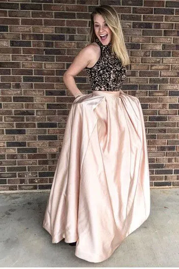 High Neck Blush A Line Black Lace Sleeveless Prom Dresses With Pockets OK687